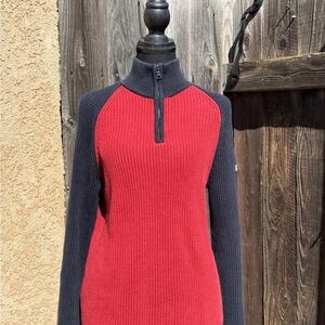 Nautica Jeans Co Mens M Red Navy Blue Colorblock Ribbed 1/4 Zip Sweater Cotton